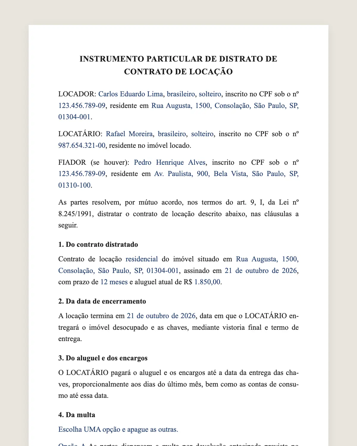 Exemplo de distrato de locação preenchido com dados fictícios