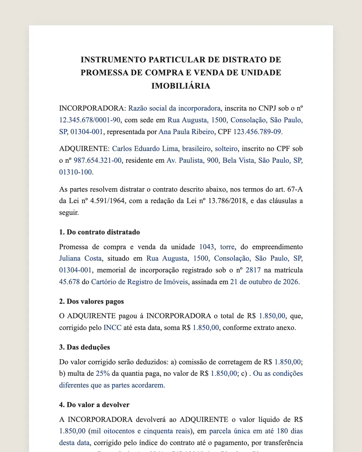 Exemplo de distrato imobiliário preenchido com dados fictícios