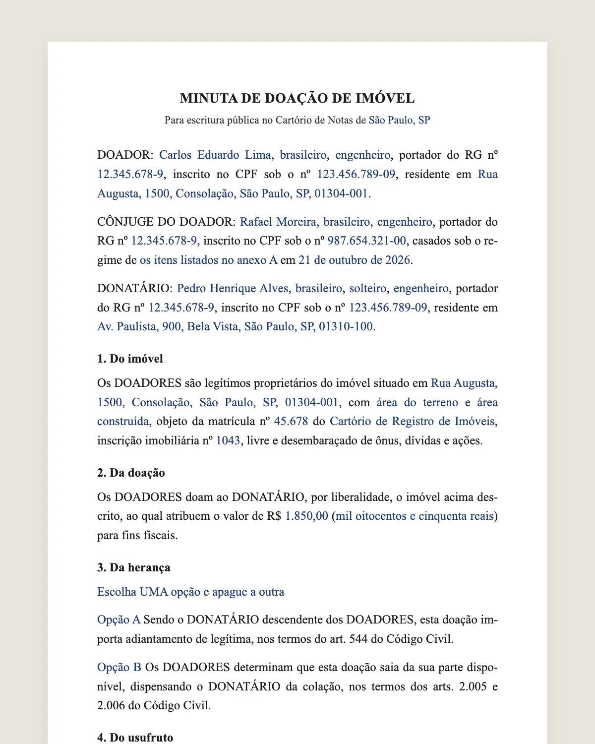 Exemplo de termo de doação de imóvel preenchido com dados fictícios