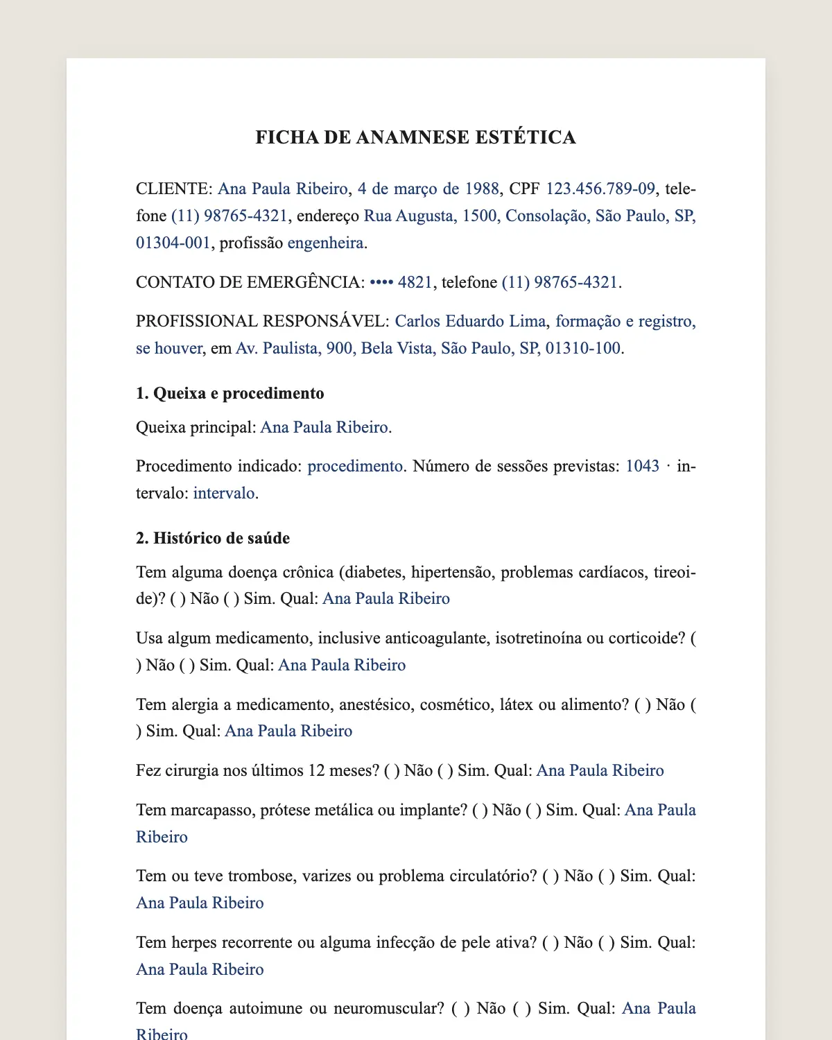 Exemplo de ficha de anamnese estética preenchido com dados fictícios