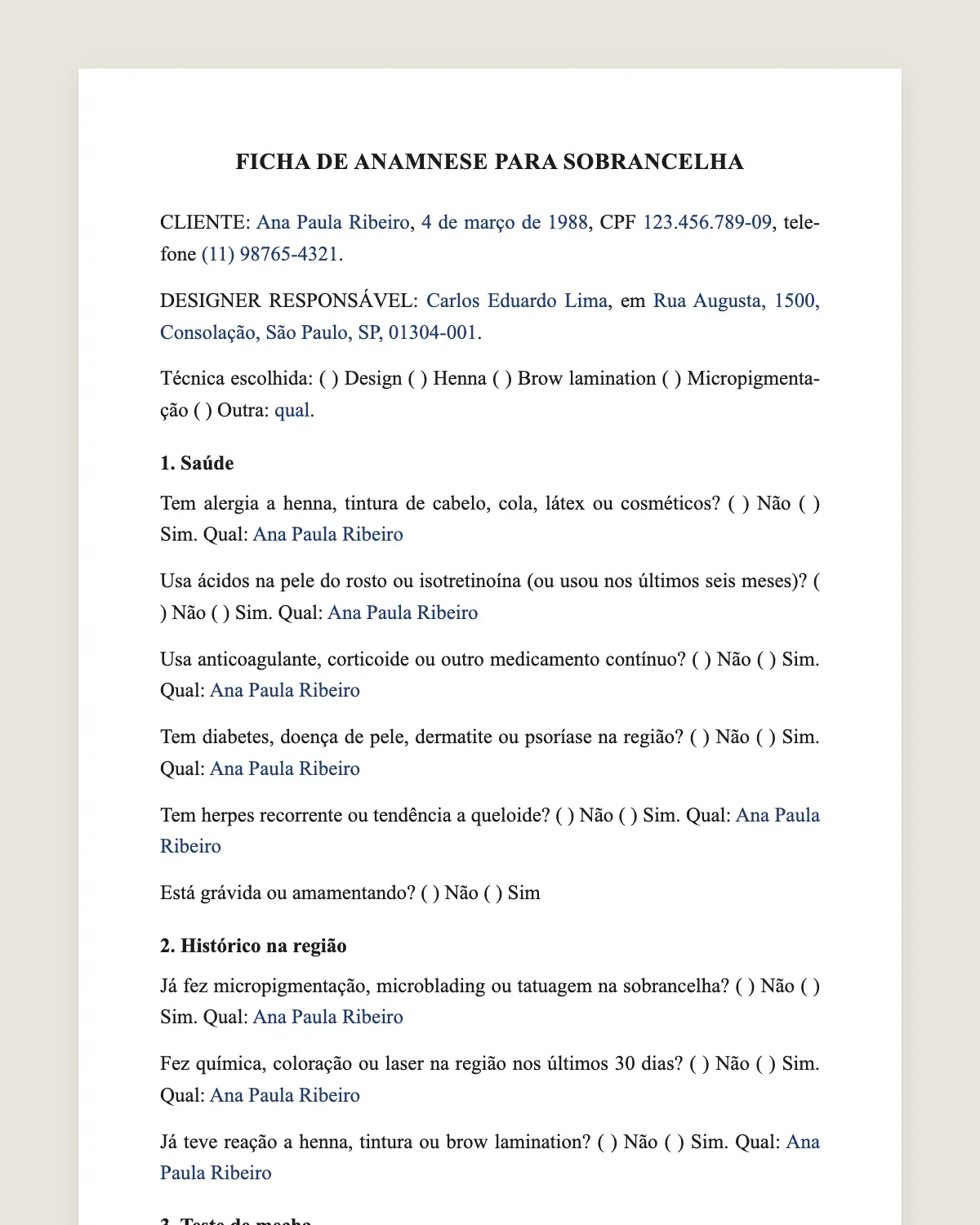 Exemplo de ficha de anamnese para sobrancelha preenchido com dados fictícios