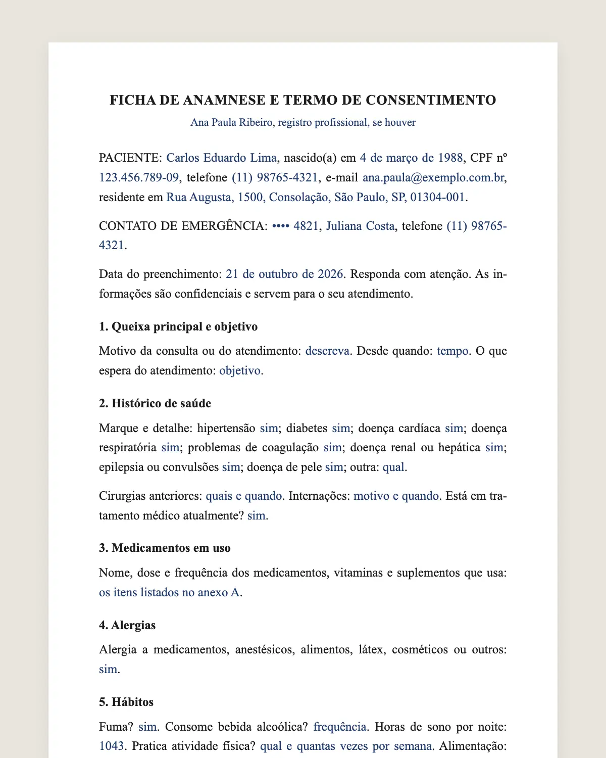 Exemplo de ficha de anamnese preenchido com dados fictícios