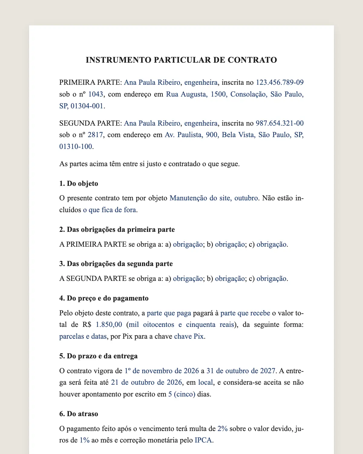 Exemplo de contrato particular preenchido com dados fictícios