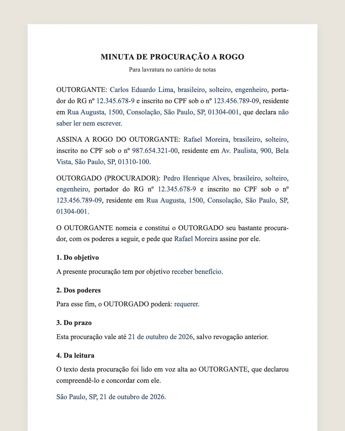 Exemplo de procuração a rogo preenchido com dados fictícios
