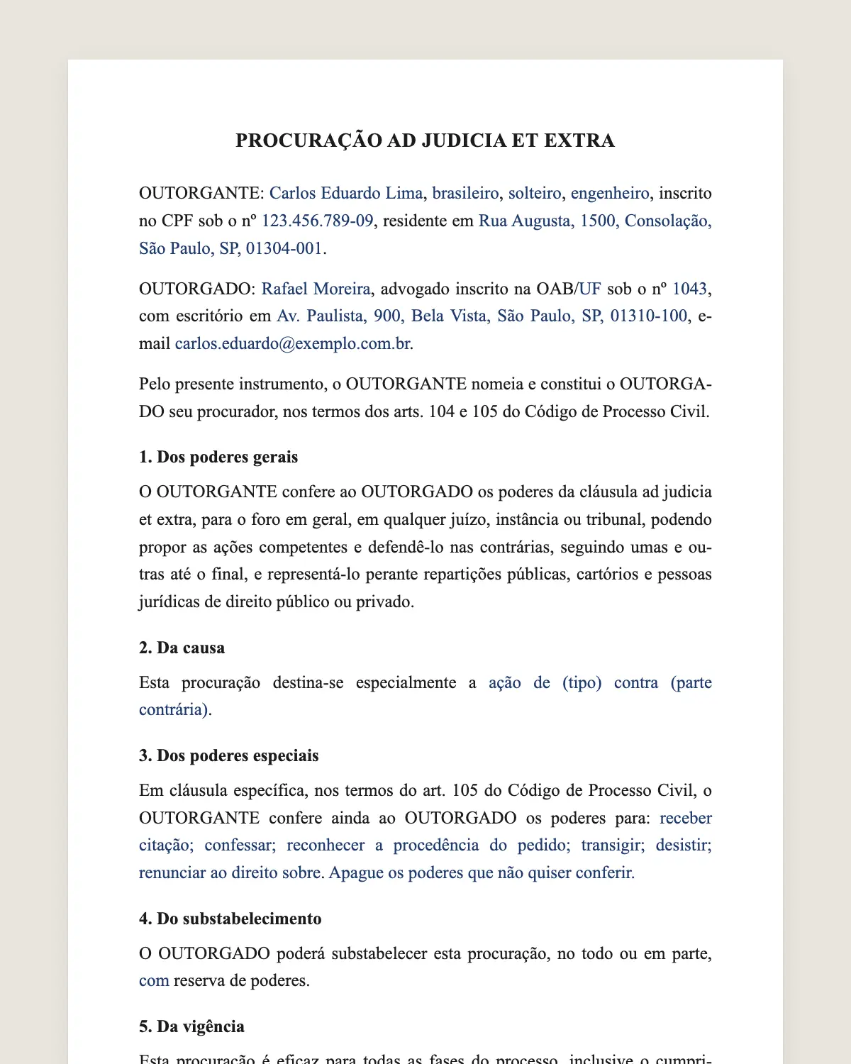 Exemplo de procuração ad judicia preenchido com dados fictícios