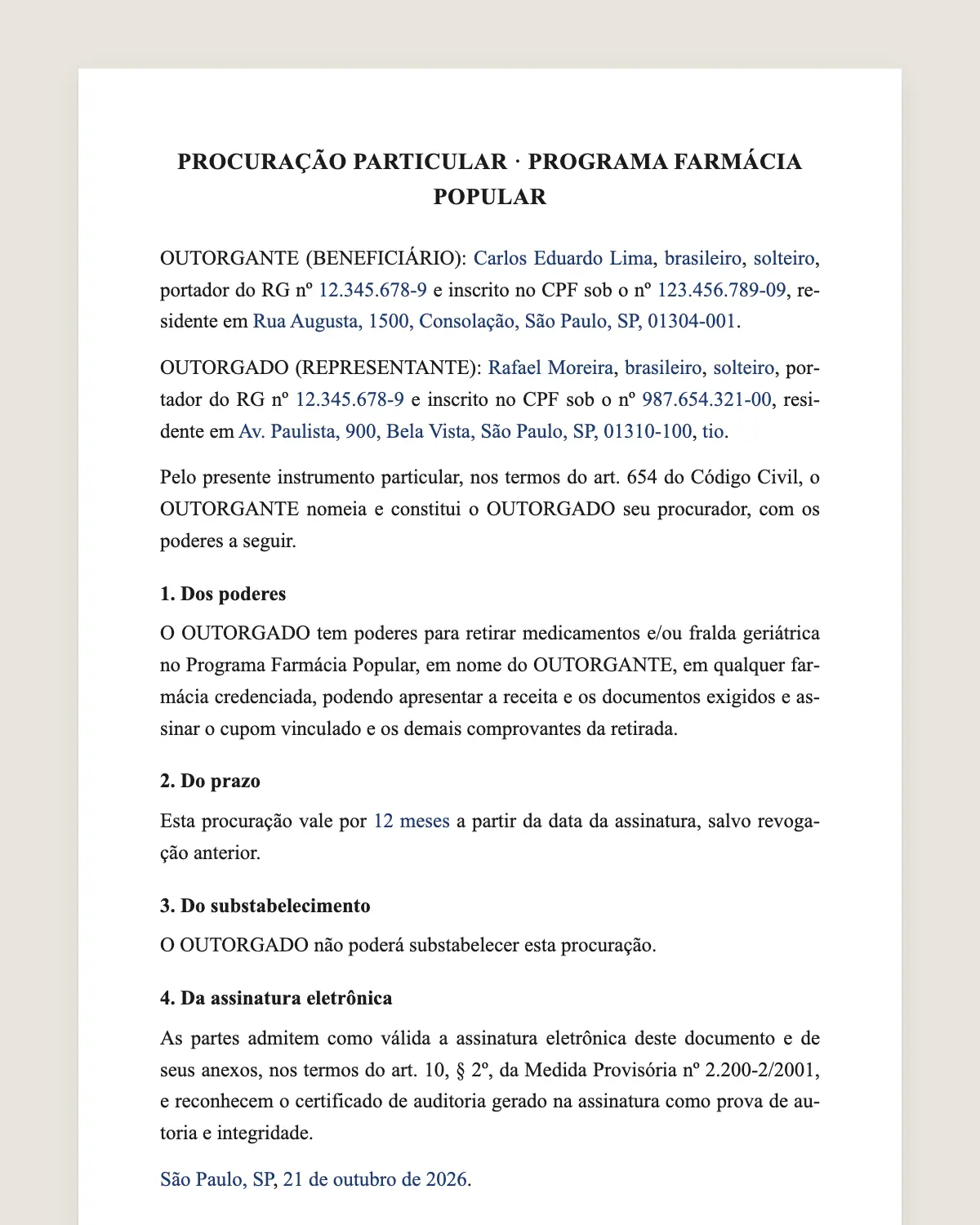 Exemplo de procuração Farmácia Popular preenchido com dados fictícios