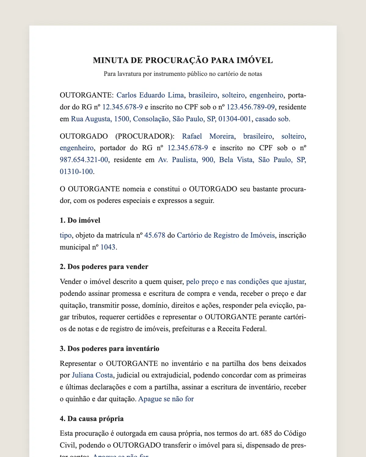 Exemplo de procuração para imóvel preenchido com dados fictícios