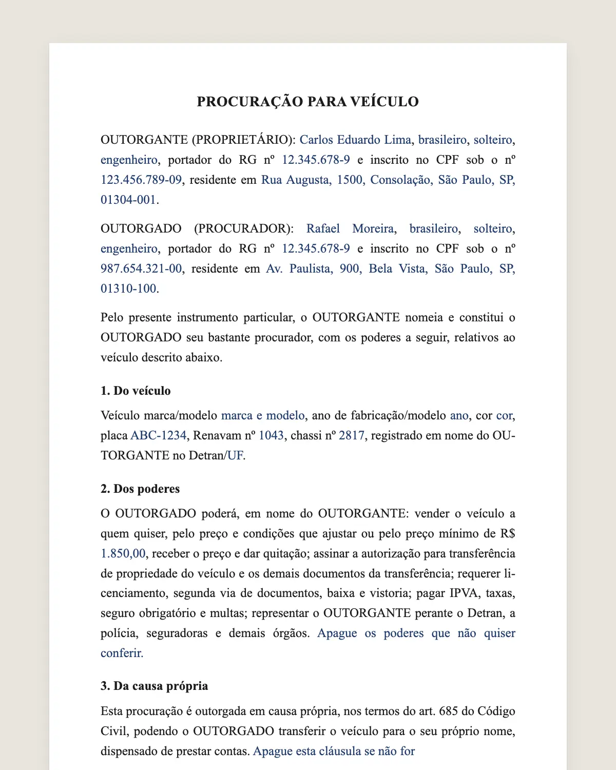 Exemplo de procuração para veículo preenchido com dados fictícios