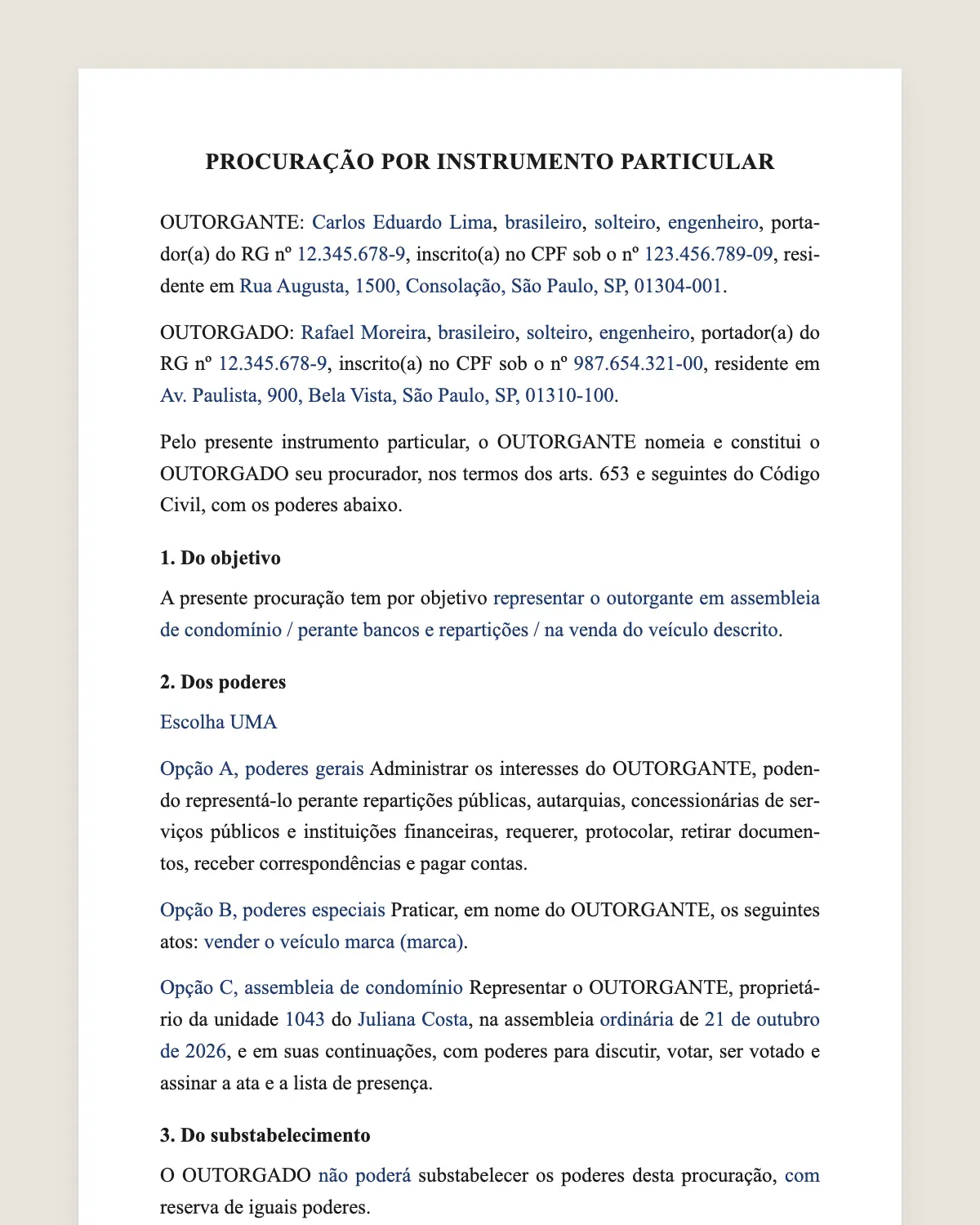 Exemplo de procuração particular preenchido com dados fictícios