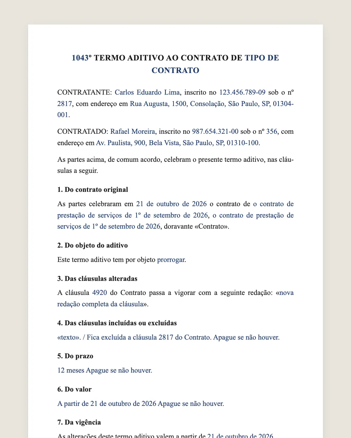 Exemplo de termo aditivo de contrato preenchido com dados fictícios