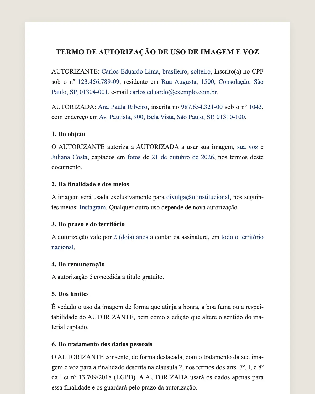 Exemplo de termo de autorização de uso de imagem preenchido com dados fictícios