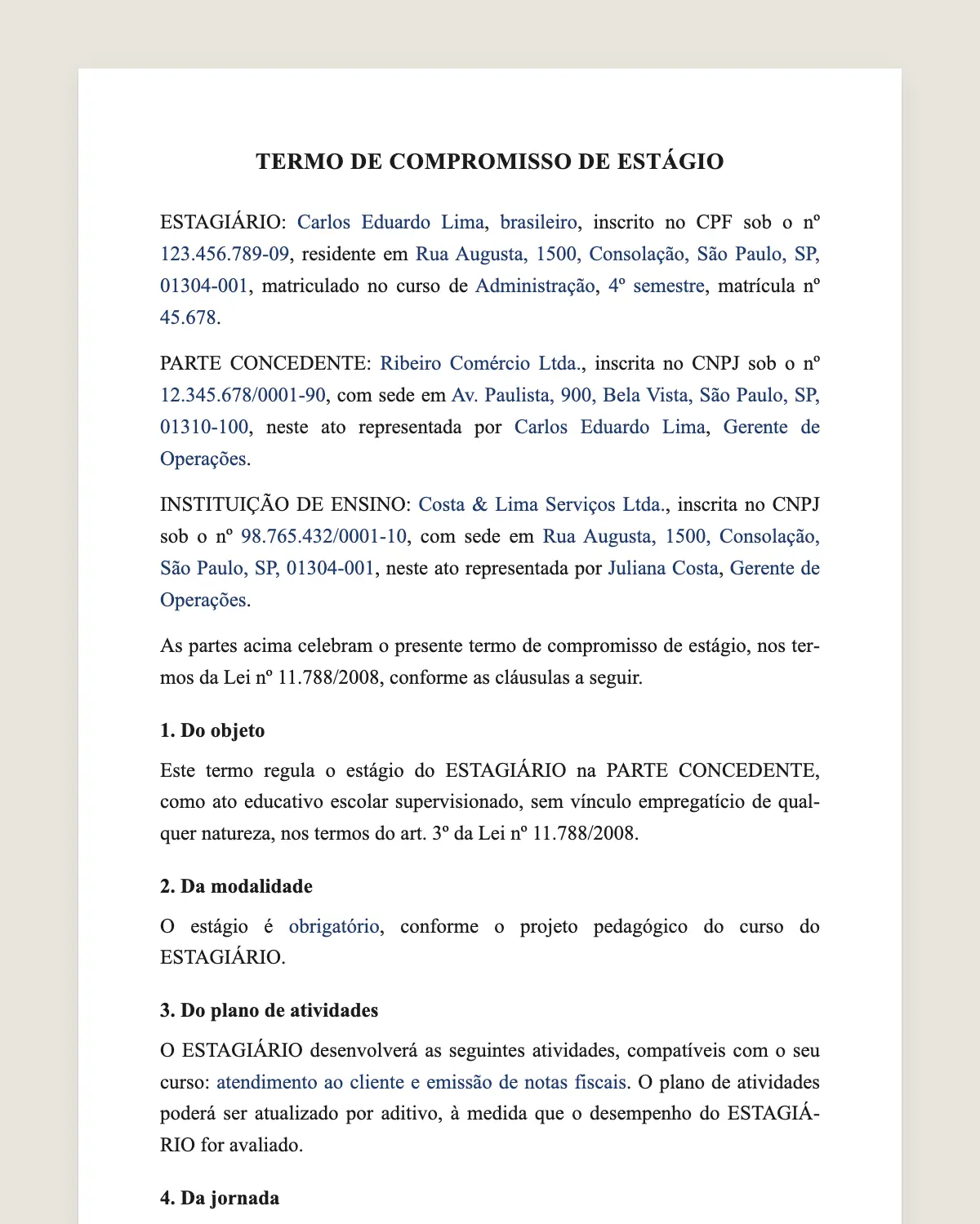 Exemplo de termo de compromisso de estágio preenchido com dados fictícios