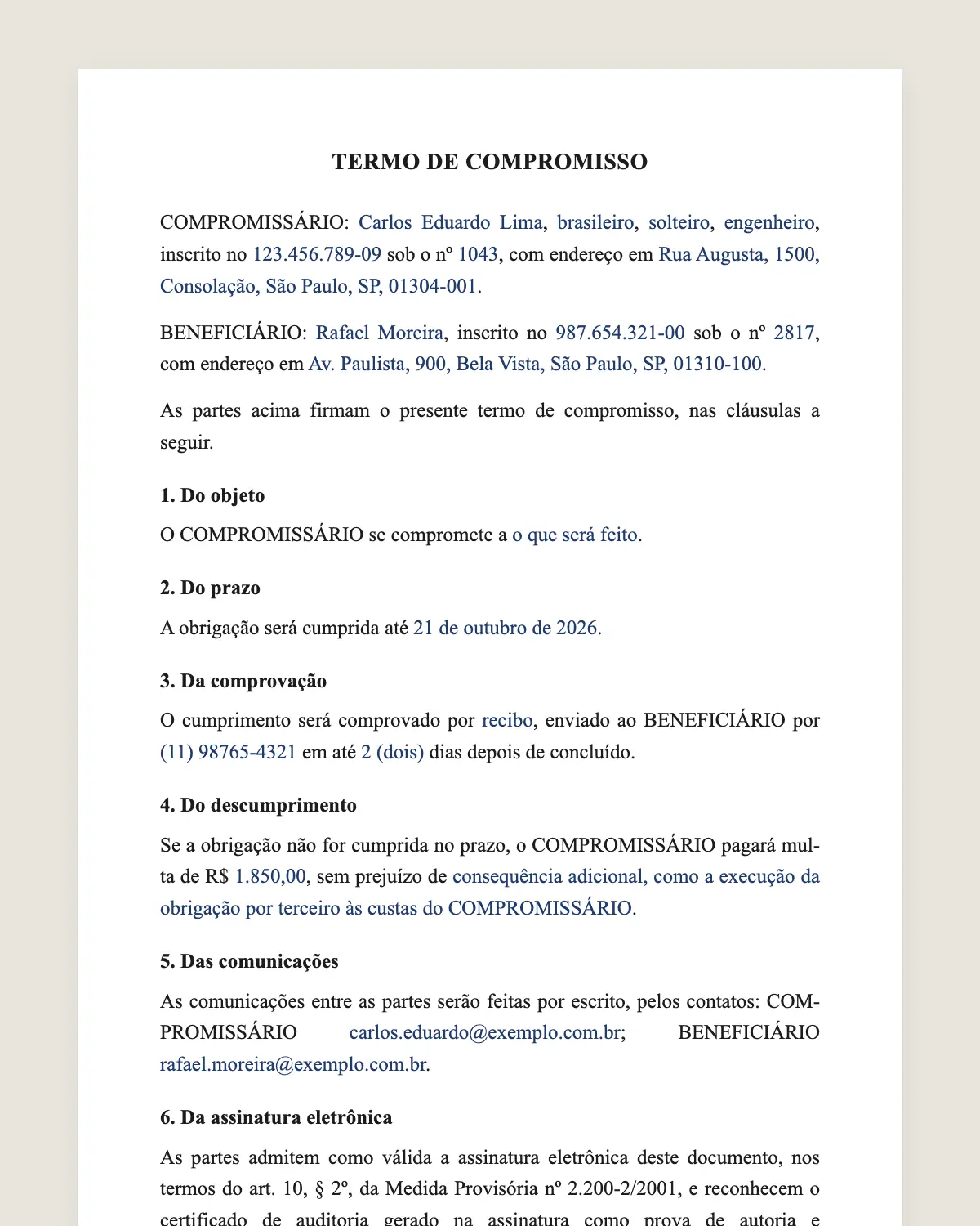 Exemplo de termo de compromisso preenchido com dados fictícios
