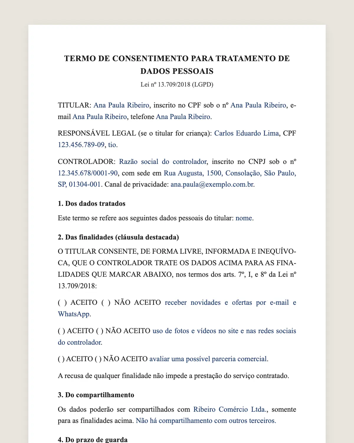 Exemplo de termo de consentimento LGPD preenchido com dados fictícios