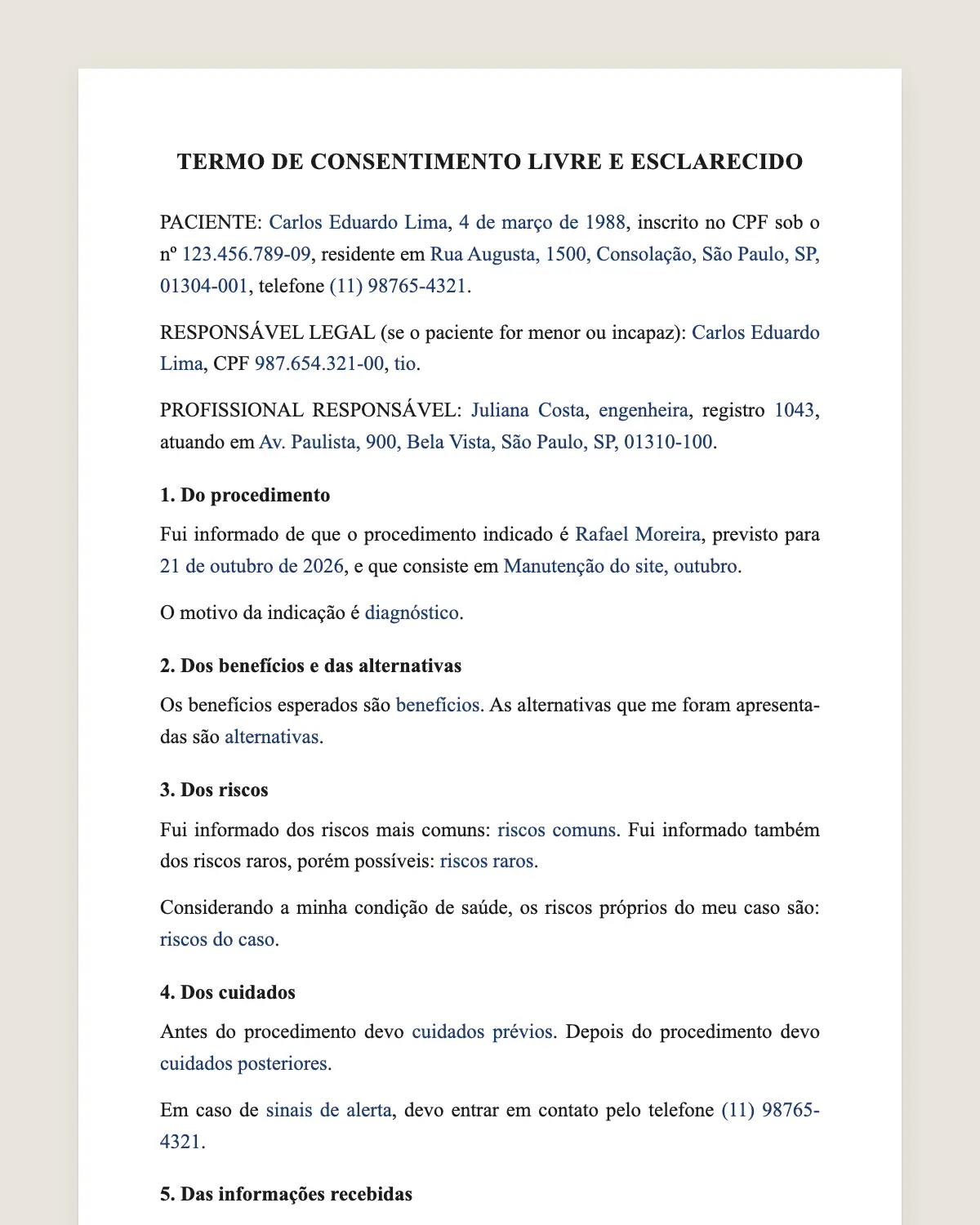 Exemplo de termo de consentimento livre e esclarecido preenchido com dados fictícios