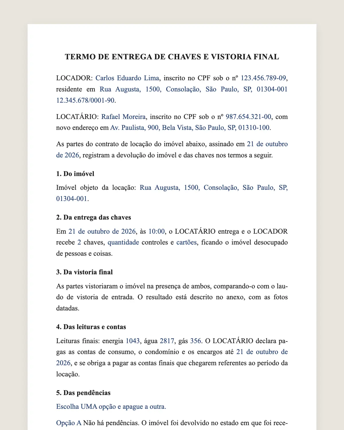 Exemplo de termo de entrega de chaves preenchido com dados fictícios
