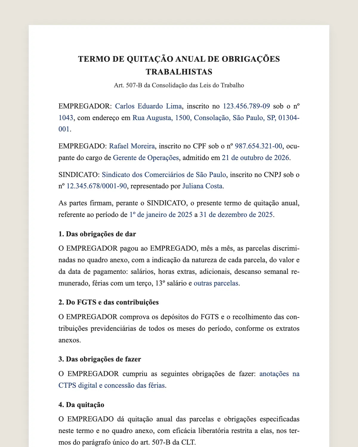 Exemplo de termo de quitação anual de obrigações trabalhistas preenchido com dados fictícios