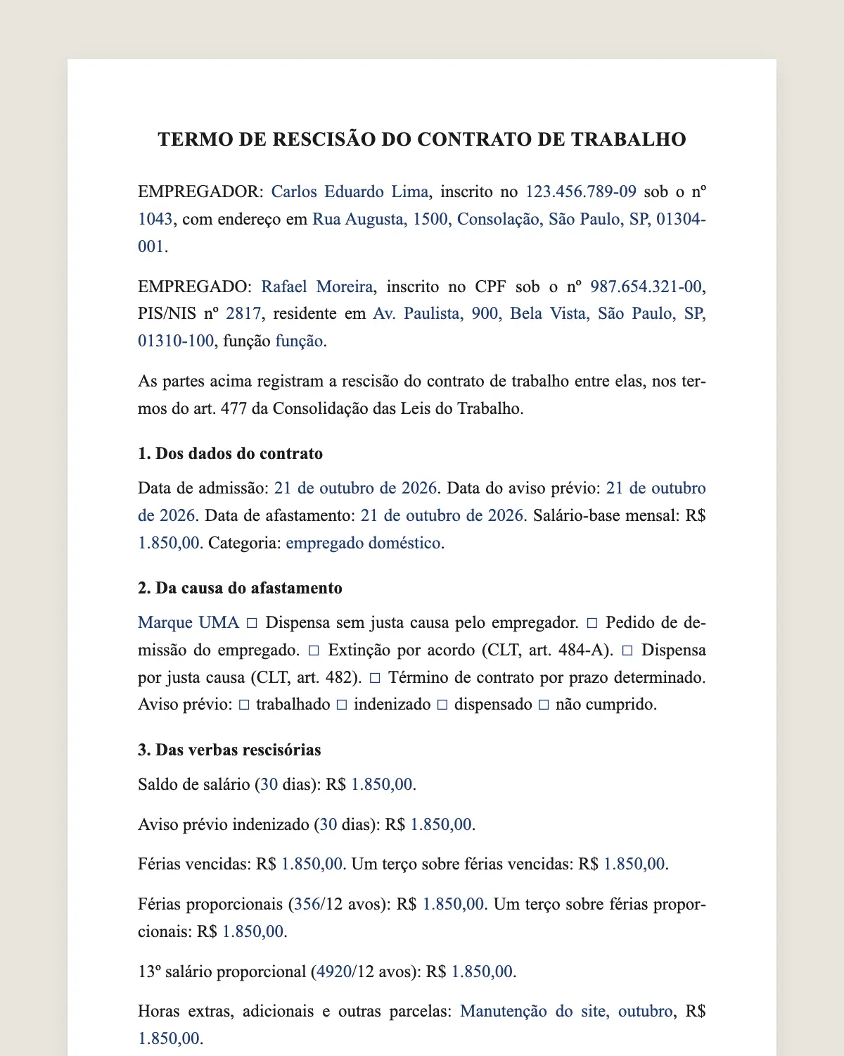 Exemplo de termo de rescisão do contrato de trabalho (TRCT) preenchido com dados fictícios
