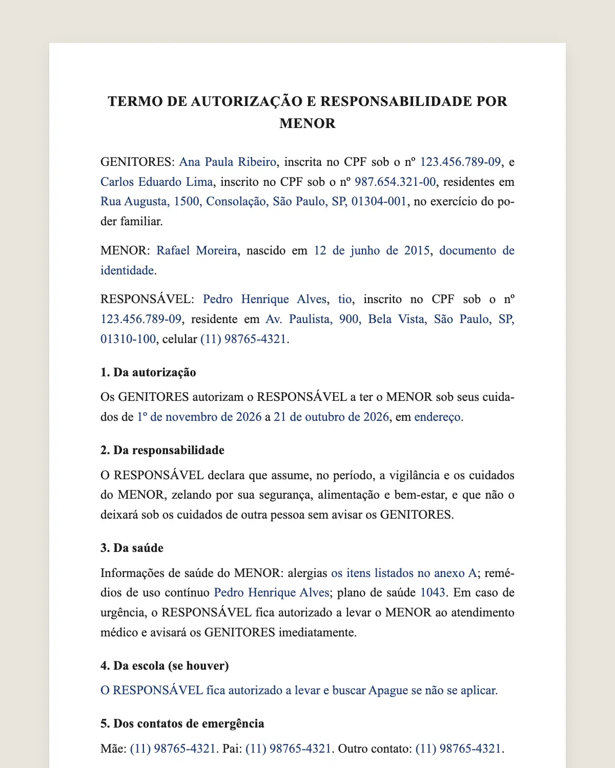 Exemplo de termo de responsabilidade de menor preenchido com dados fictícios