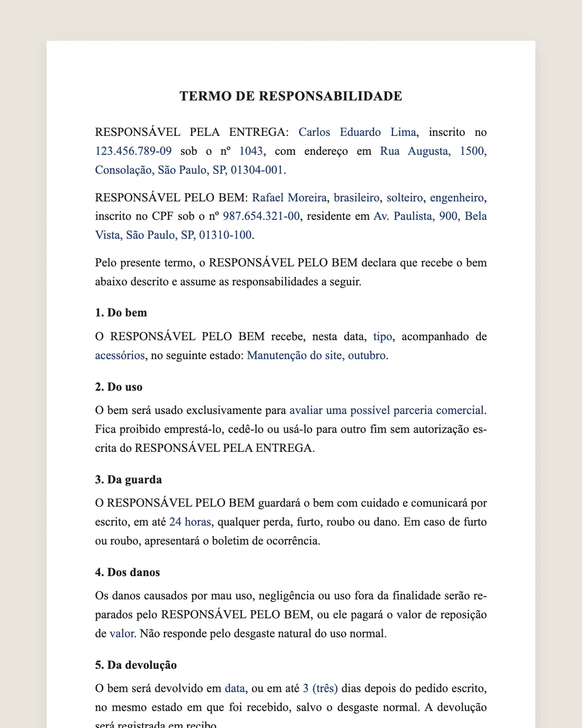 Exemplo de termo de responsabilidade preenchido com dados fictícios