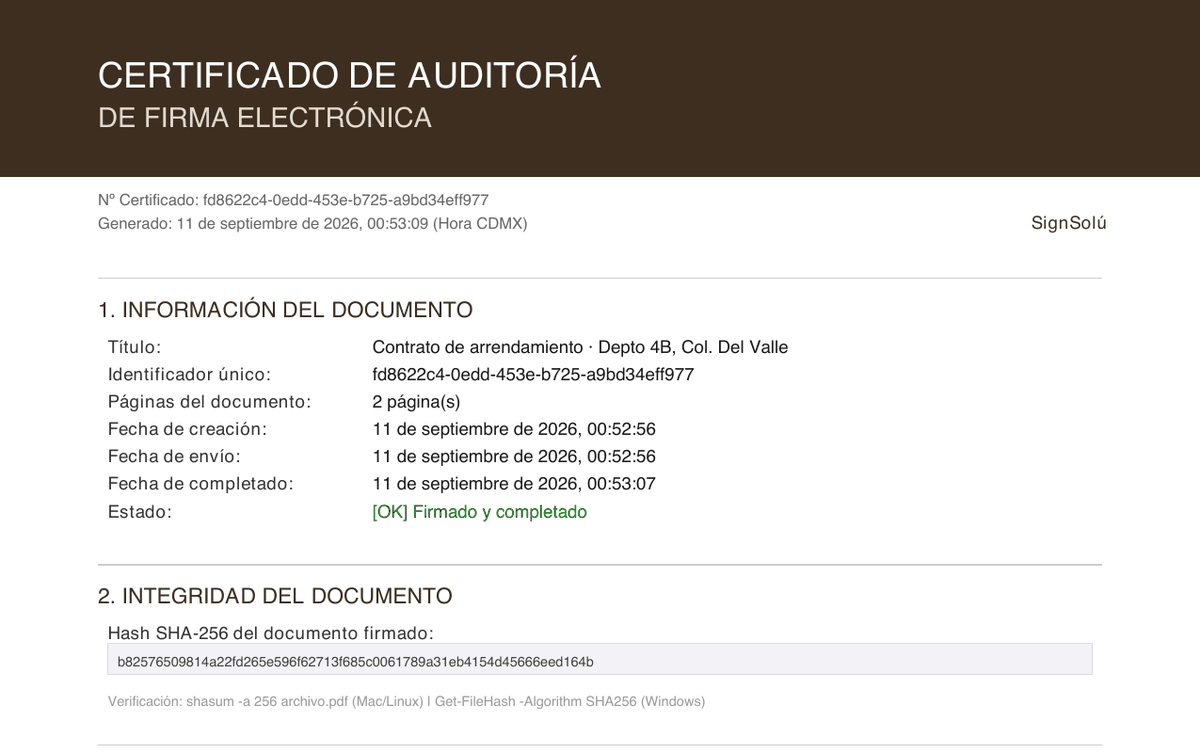 Certificado de auditoría de SignSolú con el número de certificado, las fechas de creación, envío y completado en hora CDMX, y el hash SHA-256 del documento firmado