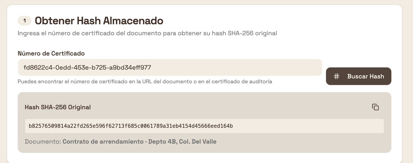 Pantalla de verificación de integridad de SignSolú mostrando el hash SHA-256 original recuperado a partir del número de certificado