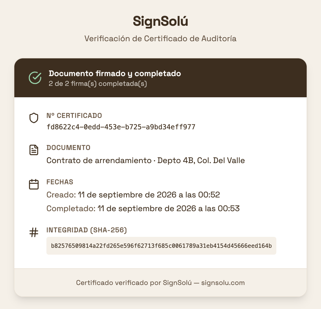 Verificación pública de un certificado de auditoría en signsolu.com/verificar: documento firmado y completado, 2 de 2 firmas, con fechas y hash SHA-256